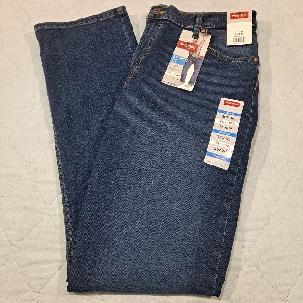 "NWT" Wrangler Blue Straight-Fit/Leg Jeans Indigo Wash Men's 36x34 Stretch Denim